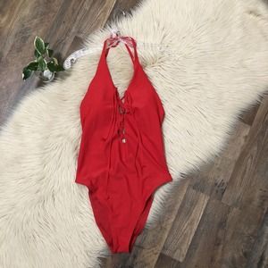 Aerie Size Large Red Lace Up Halter One Piece Swimsuit